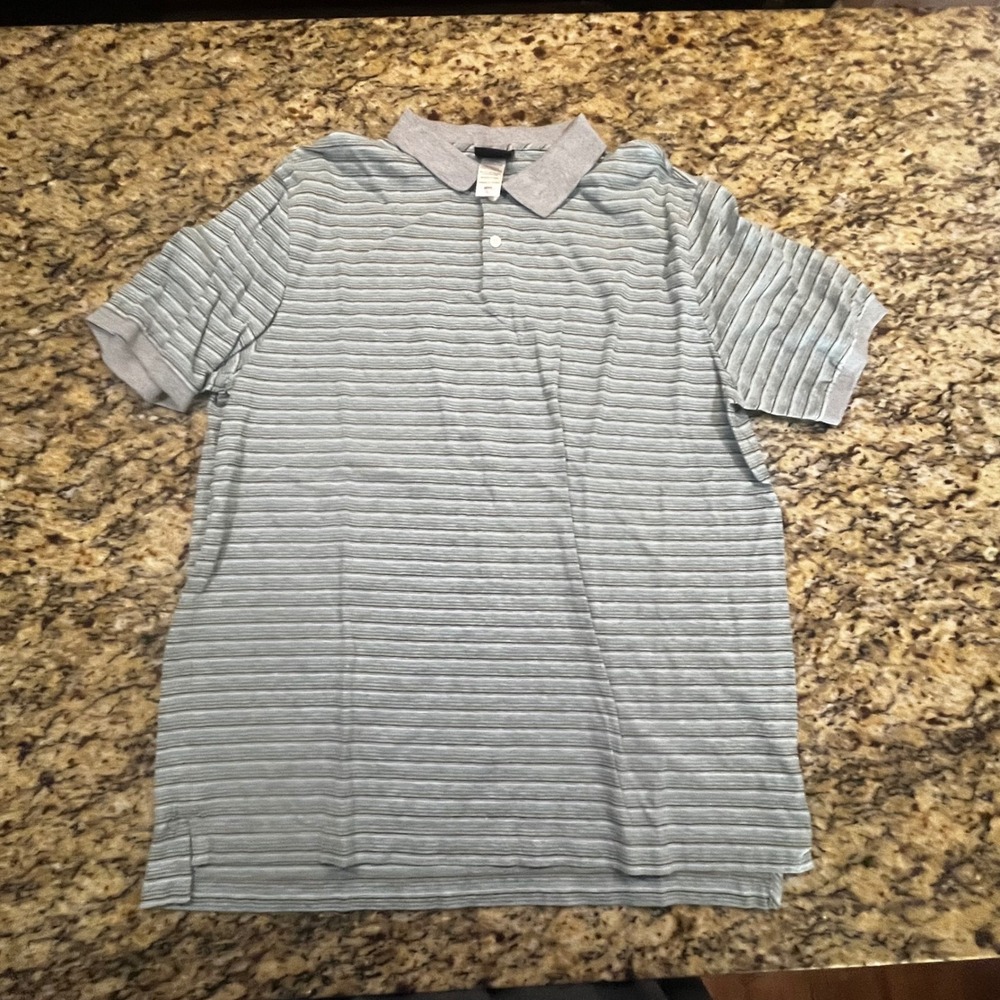 Patagonia Mens Organic Cotton Polo‎ Shirt Large Grey Teal Striped Short Sleeve